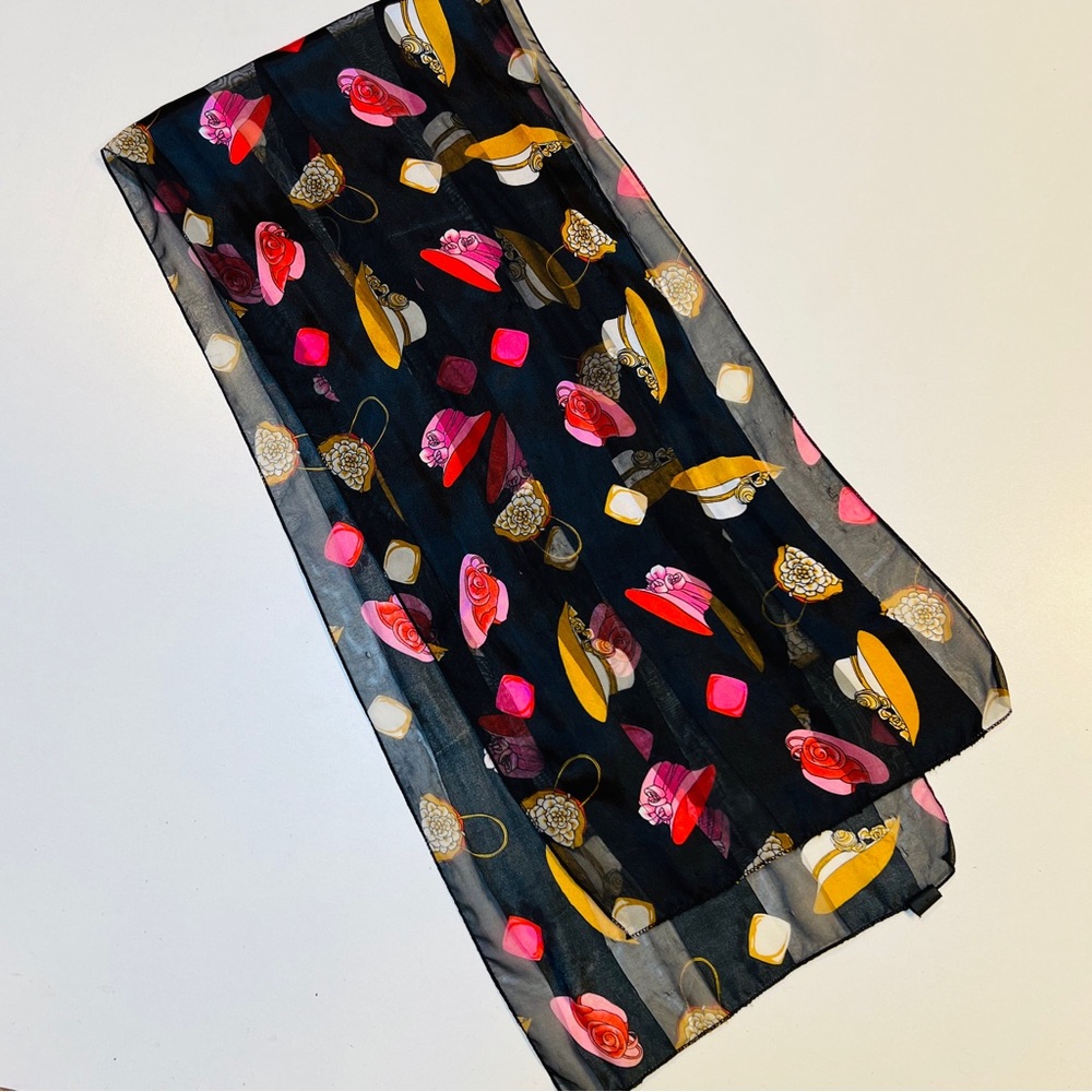 Silk Feel scarf. Hats pattern. Polyester. 60” x 13”